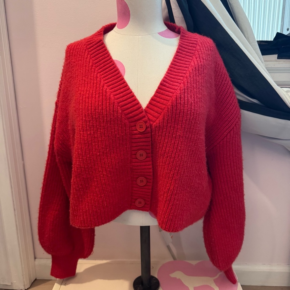 Edikted Red Cropped Cardigan Sweater